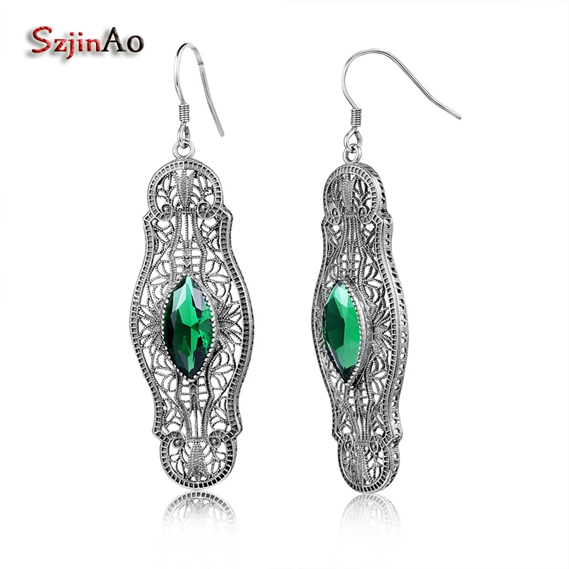

Szjinao Indian Vintage Big Earings Fashion Solid 925 Sterling Silver Handmade Jewelry Women Luxury Emerald Earrings