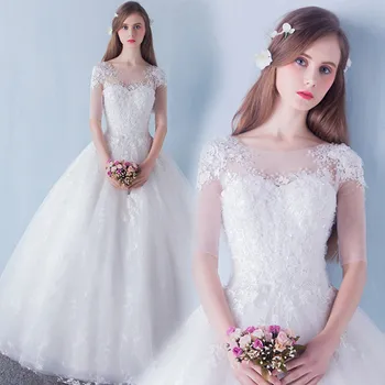 

Holievery Capped Sleeves Tulle Ball Gown Wedding Dresses with Lace Appliques 2019 Short Sleeves Bridal Gowns Floor Length