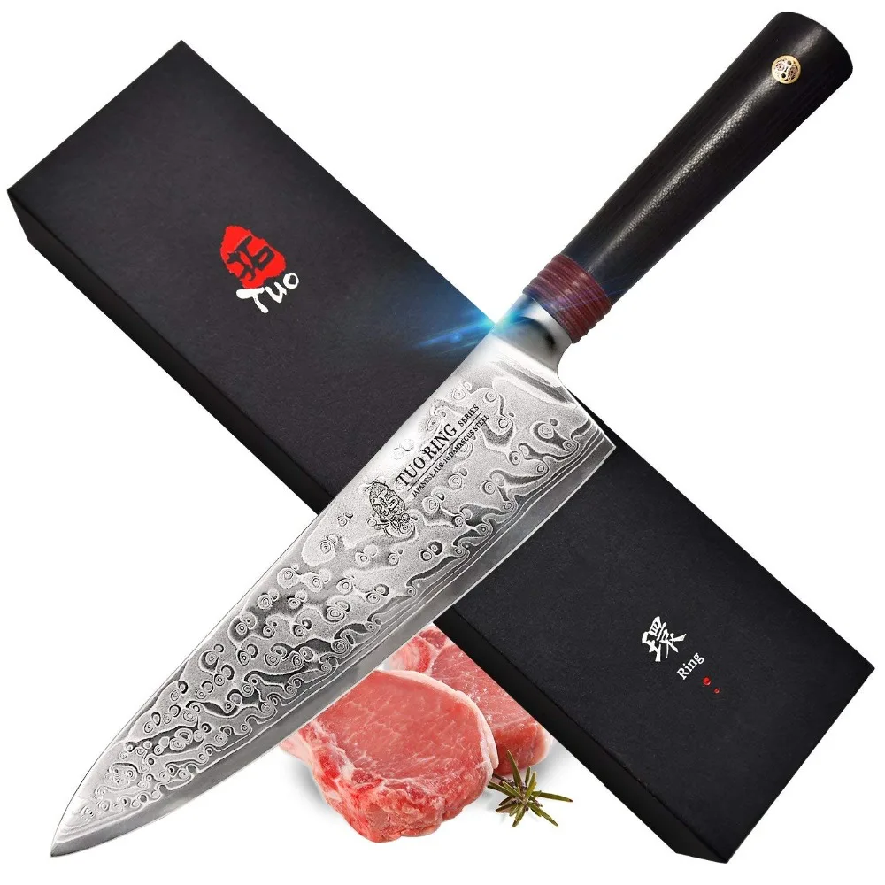 

TUO Cutlery Chef Knife, Japanese AUS-10 HC Rose Damascus Steel Chef's Kitchen Knife with Non-slip Ergonomic G10 Handle - 8''