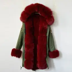 Зимние Модные Роскошные Америки Бисероплетение куртка в женские куртки красное вино из искусственного меха Лайнер лисий мех воротника
