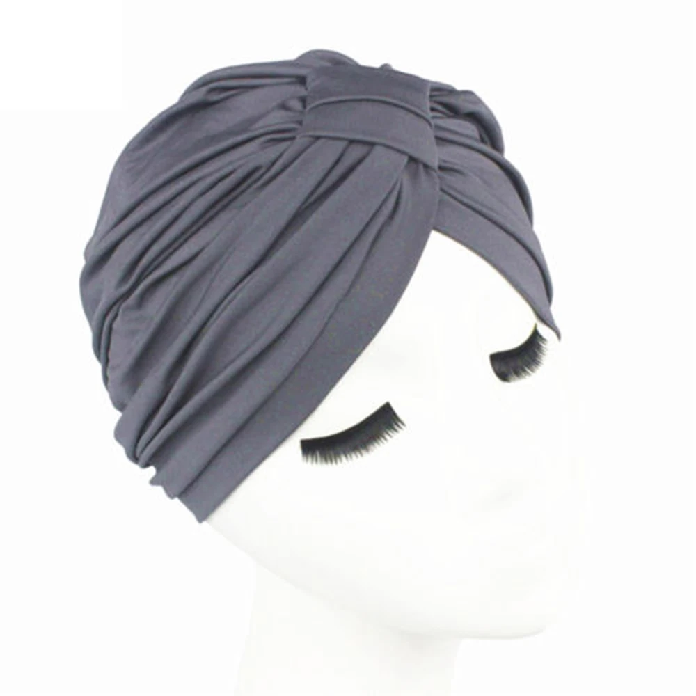 

2018 Women 6 Solid Color Indian Turban Hats Ladies Head Wrap Stretchable Chemo Pleated Cotton Cap Fashion Hot Sale Black Bandana