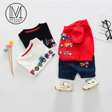 Одежда для маленьких мальчиков, летний костюм футболка с короткими рукавами для мальчиков+ джинсы комплект из 2 предметов с рисунком машинки, детская одежда для мальчиков