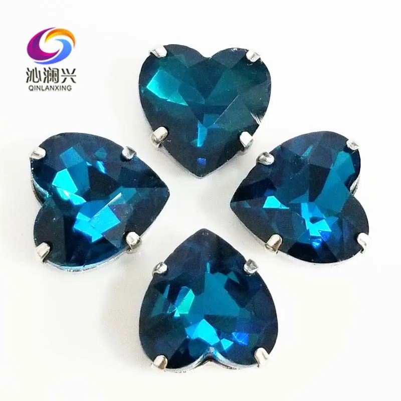 

Peacock blue heart shape top quality Glass Crystal claw rhinestones,sew on stone with holes for Diy Clothing accessories SWH14