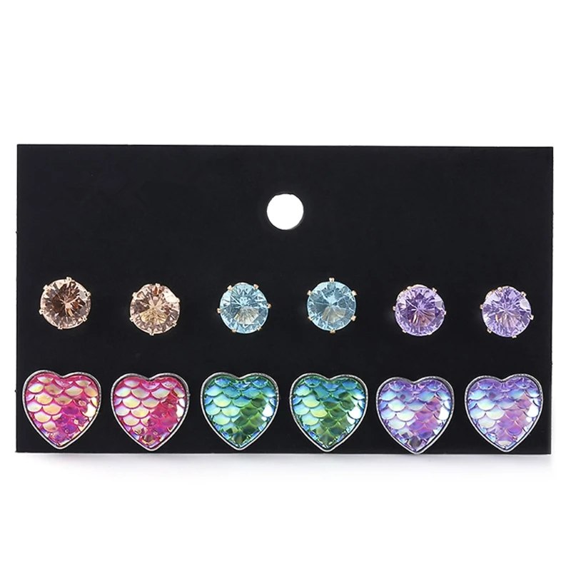 

6 Pairs Beauty Scale Heart Shape Crystals Assorted Stud Earrings Set dragon