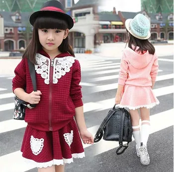 

2017 New Large Korean Kids Girls Age Children Baby Sweet Long Sleeved Casual Skirt Suit Two Pieces Set