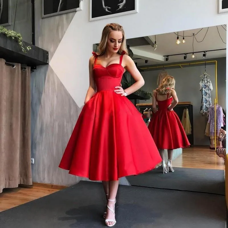 Vintage Red Tea Length Short Prom Gowns 