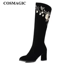 COSMAGIC Новое поступление Для женщин сапоги до колена модные рыцарские сапоги черный вышивка круглый носок длинные сапоги на высоком каблуке