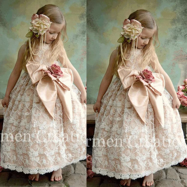 Cheap Custom Make Party Girls' Dresses 2016 Crew Neckline Hand Made Flowers A Line Hand Made Flowers Lace Flower Girls' Dresses