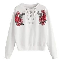 Autumn Women Embroidery Floral Patched Lace Up Jepeneses Style Harajuku Solid Long Sleeves Tie Collar Sweatshirts For Ladies Autumn Women Embroidery Floral Patched Lace Up Jepeneses Style Harajuku Solid Long Sleeves Tie Collar Sweatshirts For Ladies
