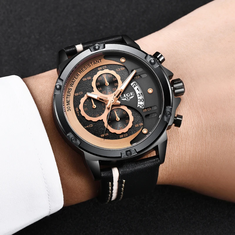2019 Mens Watches LIGE Top Brand Luxury Men's Military Sports Watch Men Casual Leather Waterproof Quartz Watch Relogio Masculino
