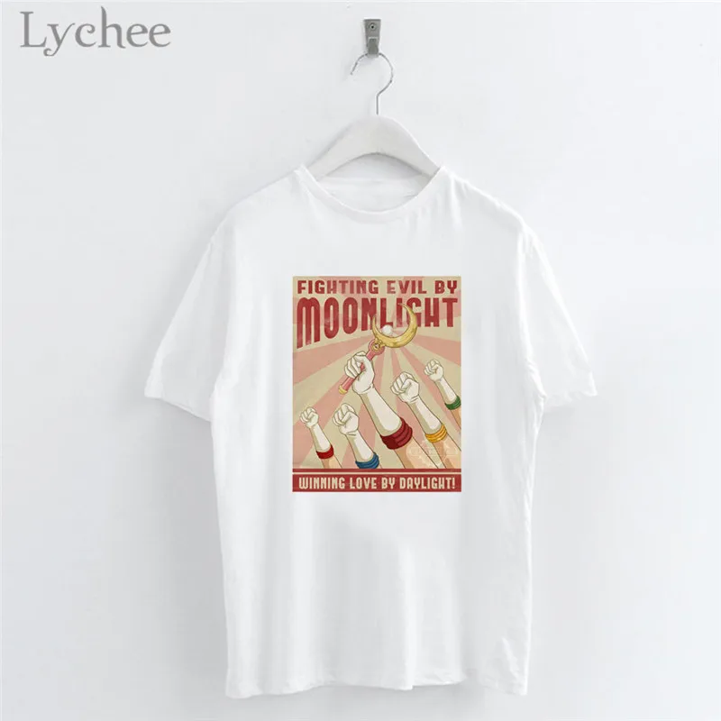 

Lychee Japanese Anime Sailor Moon Print Cartoon Women T-Shirts Casual O-Neck Short Sleeve White T Shirt Tee Top Female