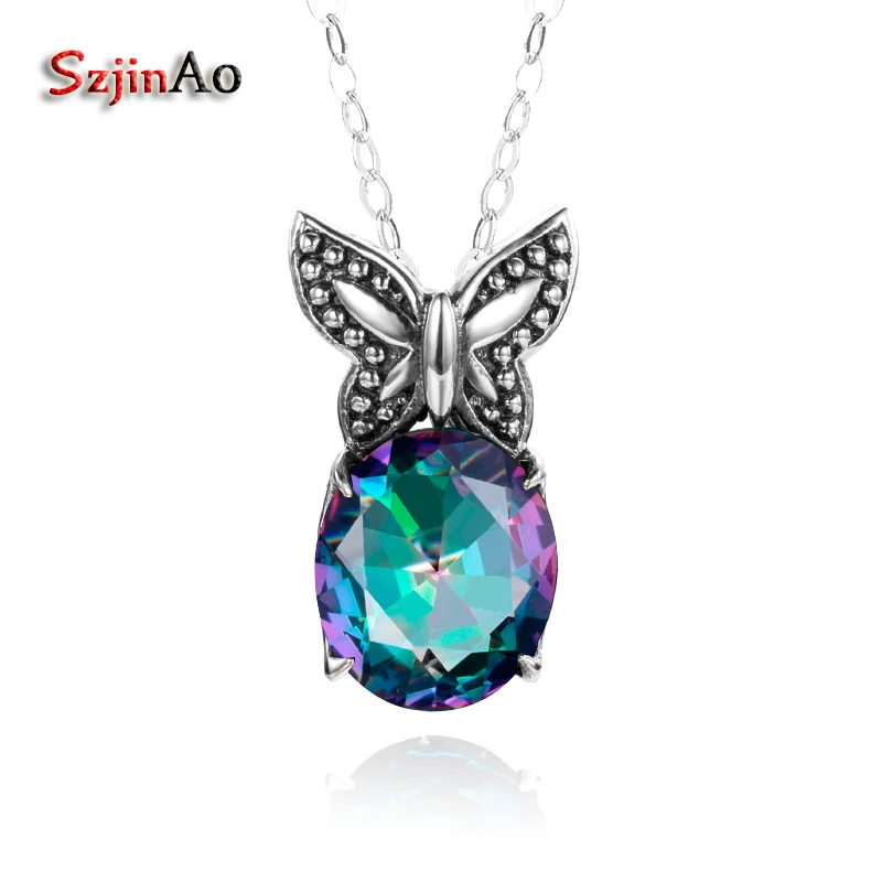 

Szjinao Women Vintage Jewelry Bohemian Retro Butterfly Pendants Mystic Rainbow Topaz Soild 925 Sterling Silver Necklace Pendants