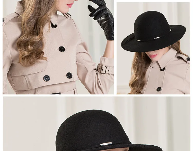 FS большие с широкими полями черные шерсть фетровая Федора модные повседневные зимние женские головные уборы женские котелок Клош шляпа с поясом
