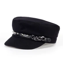 Новая военная шапка зимняя вязаная шапочка шляпы с плоским верхом для женщин заклепки черный серый мужской женский Casquette Militaire Gorra Plana