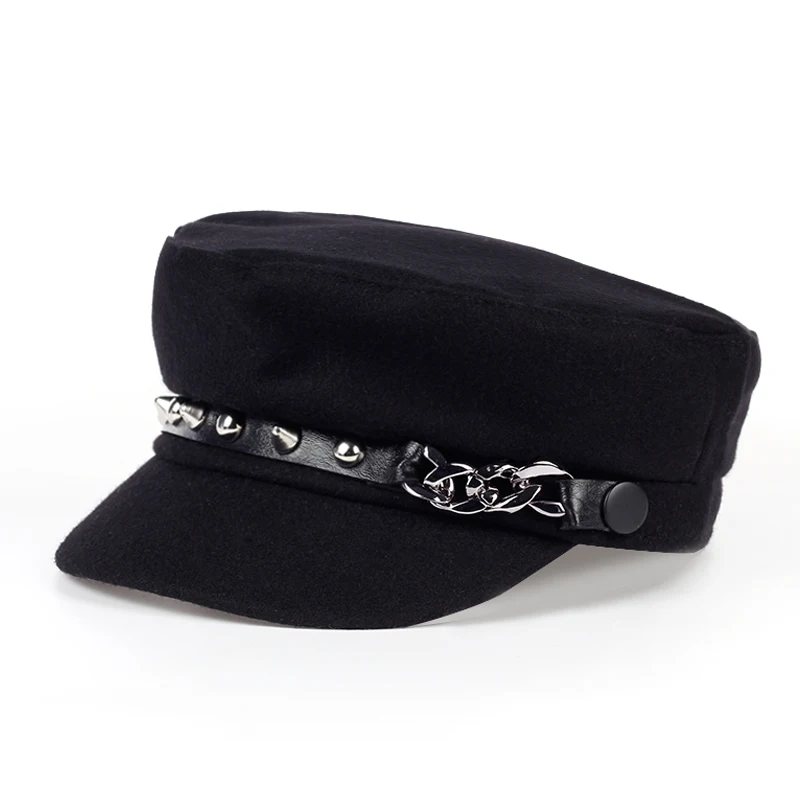 

2017 new Military Hat Winter Knitted Cap Flat Top Hats For Women rivet Black Grey Male Female Casquette Militaire Gorra Plana