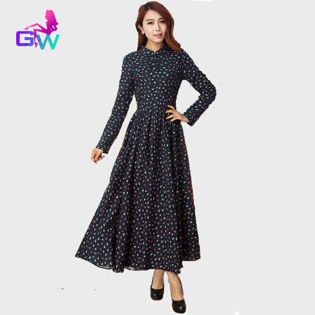 Retro print verlengen jurken 2015 herfst winter lange mouw elegante maxi jurk 2 colour festa vloeistof systemen lange jurken - AliExpress