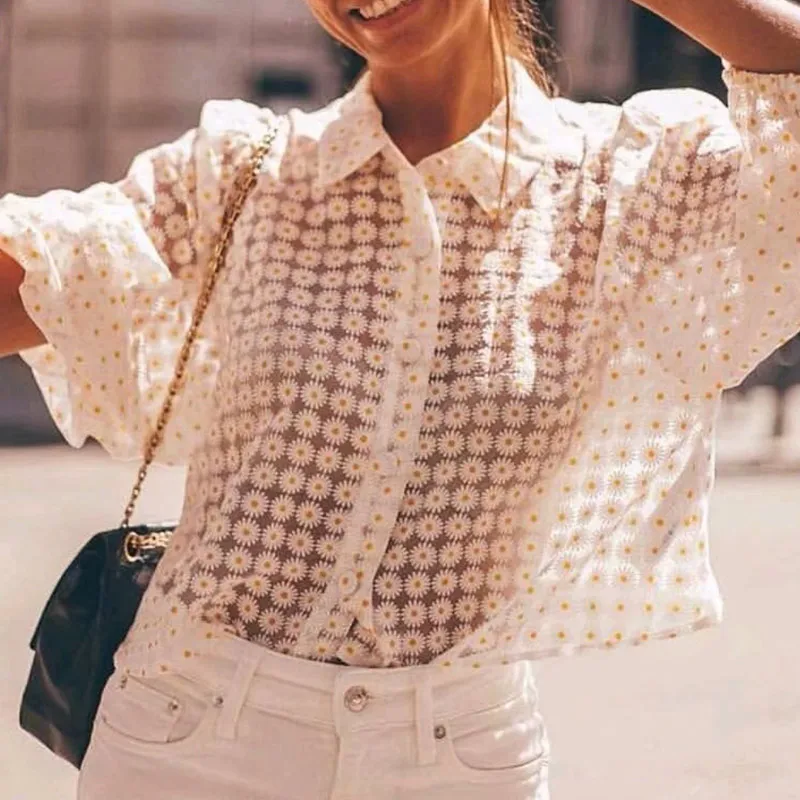 

Women Blouses Sweet Flower Transpanrent Crop Shirt Half Sleeve Turn Down Collar Blouse 2019 Summer Sexy Button Beach Holiday Top