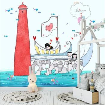 

Custom 3d Wall Covering Lighthouse Fishing Boat Photo Wallpaper for Kids Environment Friendly TV Background Restaurant Wallpaper
