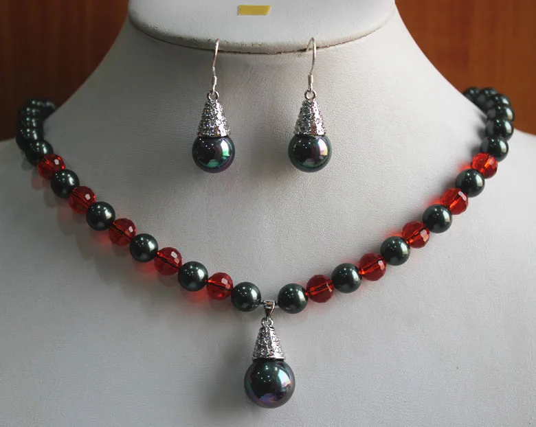 

nice 8mm simple style black shell pearl necklace and 14mm earrings and shell pearl beads pendant jewelry sets for party 5.31