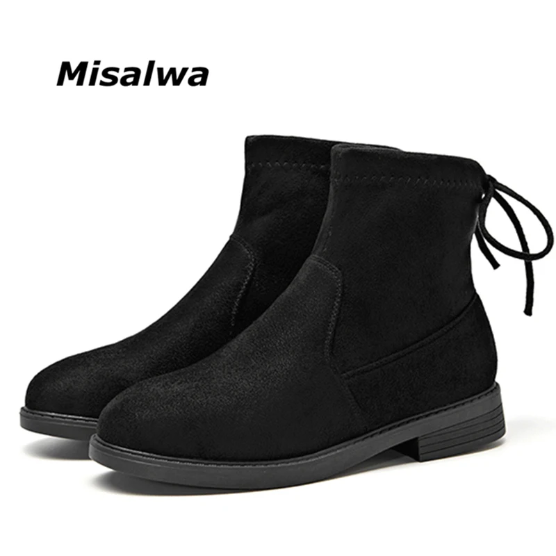 

Misalwa High Quality Ankle Women Short Flock Boots New Korean British Simple Soft Leather Elastic Spring Solid Boots 2019