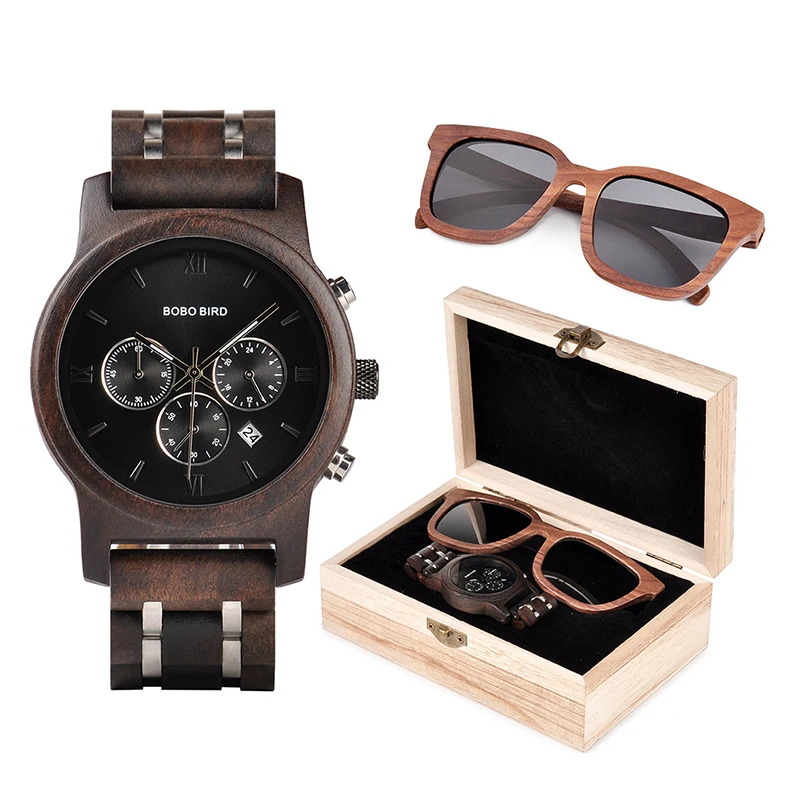 BOBO BIRD Wooden Watches Men Sunglasses in Suit Present Box Gift BoxQuartz Wristwatch Male Stopwatch saat erkek Timepieces