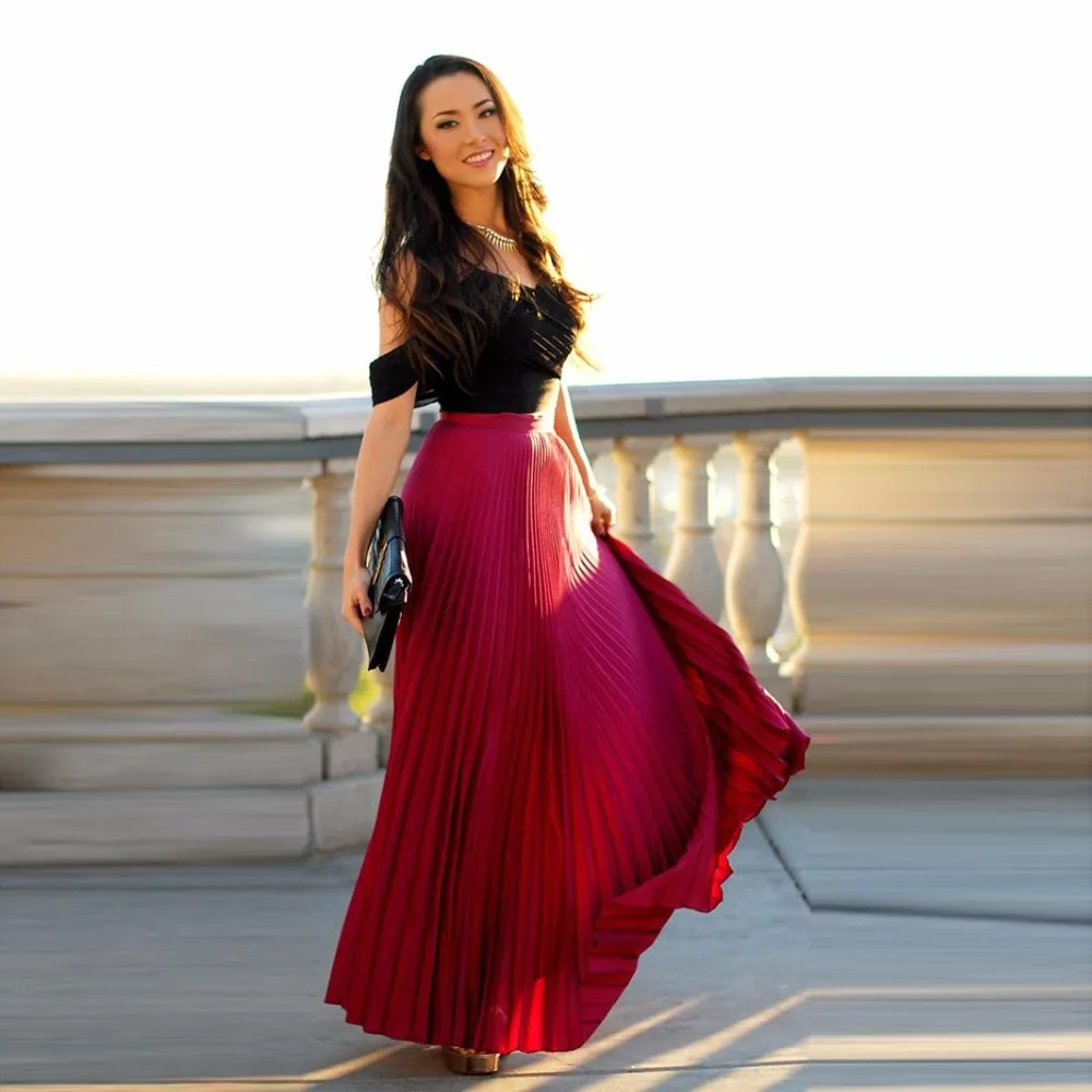 Faldas plisadas de color rojo vino, falda larga de gasa, hecha A medida, con cremallera, línea A, hasta el _ - AliExpress Mobile