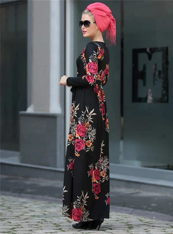 Черный цветочный принт Макси abaya Туника ремень длинные халаты кимоно Рамадан арабский турецкий женский мусульманское платье исламское платье одежда