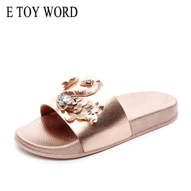 

E TOY WORD Summer Flat Slippers Crystal Bling Bling Beach Flip Flops Woman Shoes Fashion Slippers Casual Flats 3 Colors