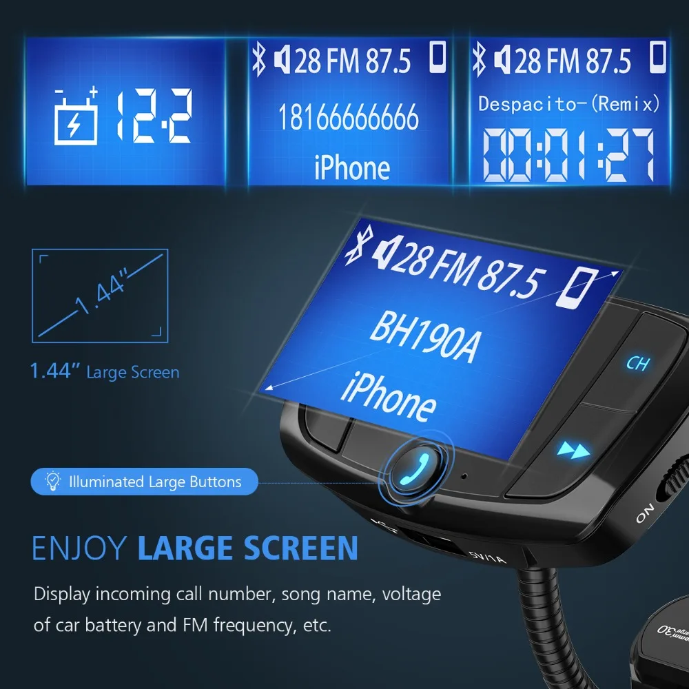 VicTsing Bluetooth FM Transmitter QC3.0 Car Wireless Radio Adapter Hands-Free Calls Dual USB Ports mp3 Player Radio Transmitters (3)