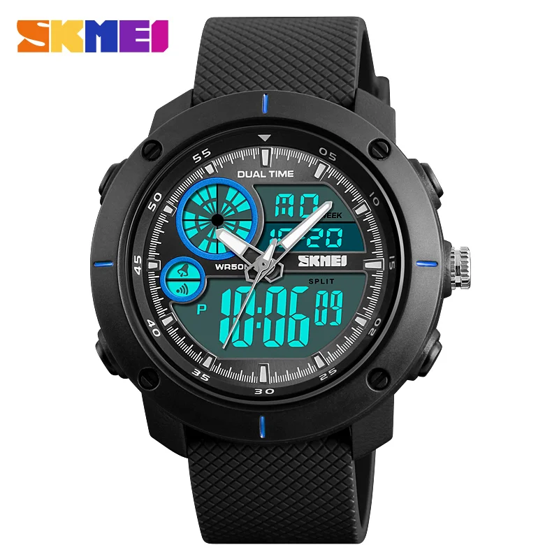 Модные мужские спортивные часы SKMEI брендовые Роскошные наручные часы с двойным дисплеем Цифровые кварцевые часы водонепроницаемые военные армейские часы - Цвет: Blue