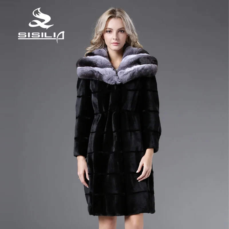 SISILIA 2016 Revisible Носить женские Зимние Теплый Куница Норки с 100% Шиншилла Шуба Полный