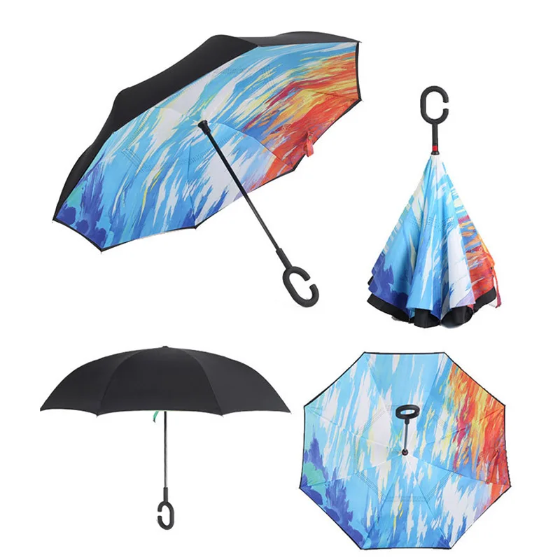 

Double Layer Windproof Inverted Umbrella C-Shape Handle Rain Sun Protection Reverse Womens Umbrellas Self Stand Hands Free