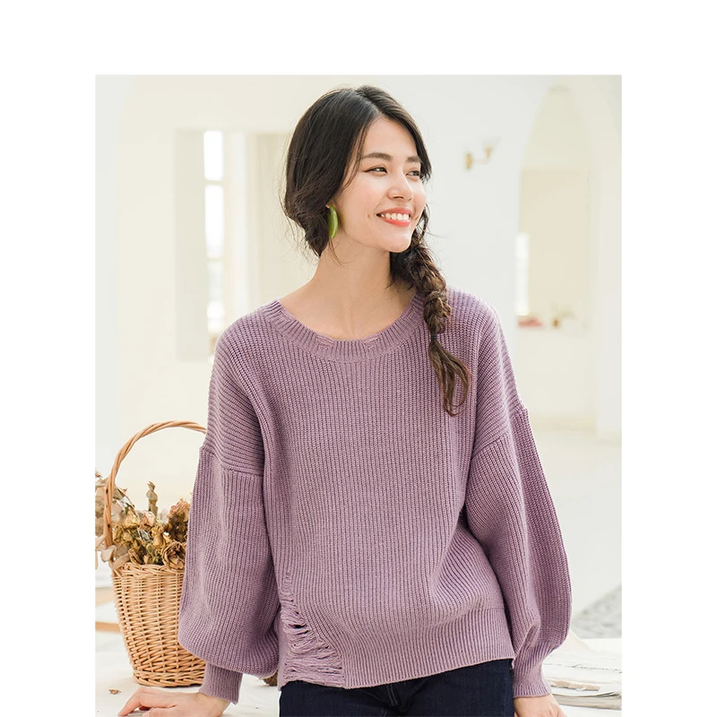 INMAN Winter Female Teenage Girl Scratch Lantern Sleeve Loose Pullover Sweater | Женская одежда