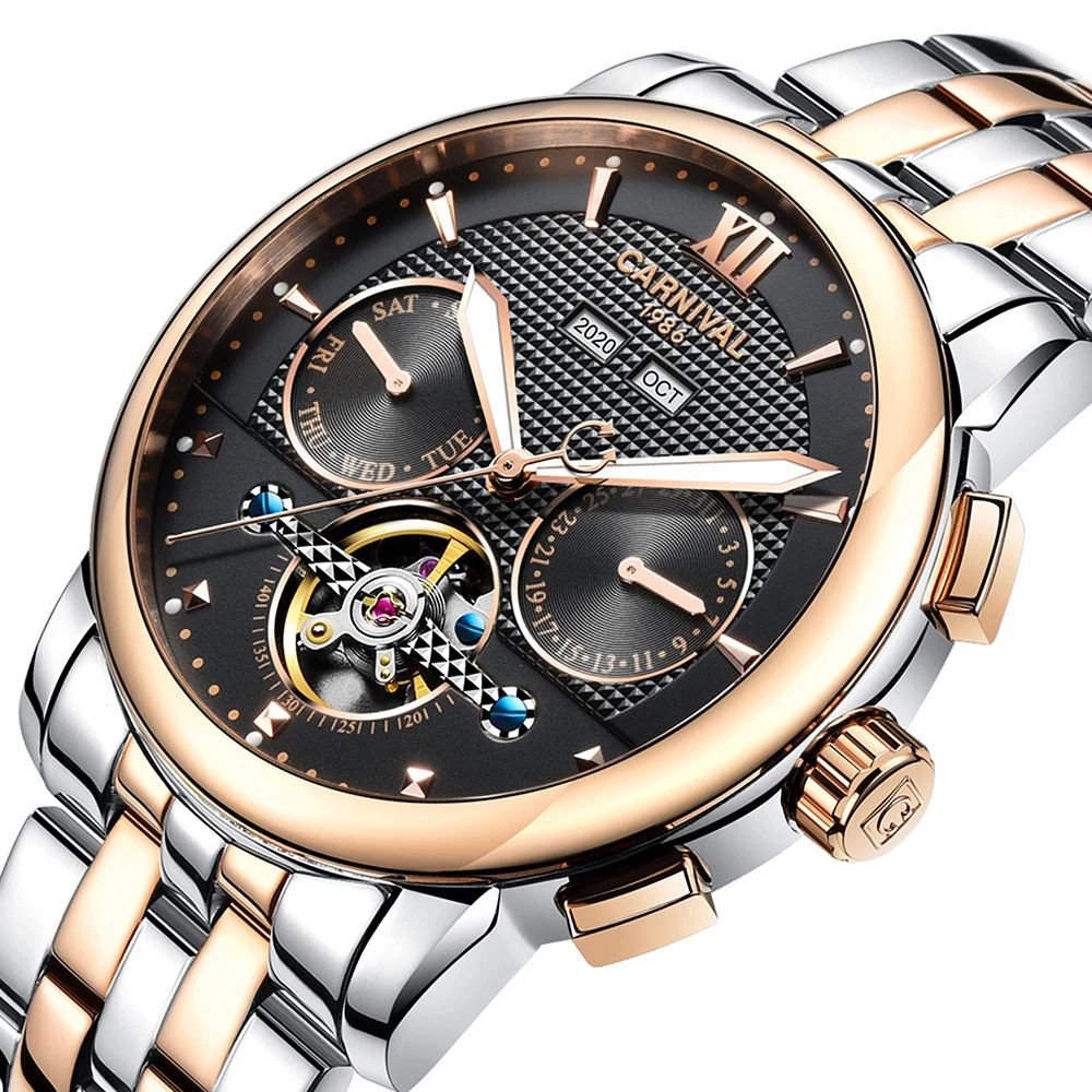 

Carnival Watch Men tourbillon Automatic Mechanical Luminous Stainless Steel Waterproof multifunction Black Dial Watches