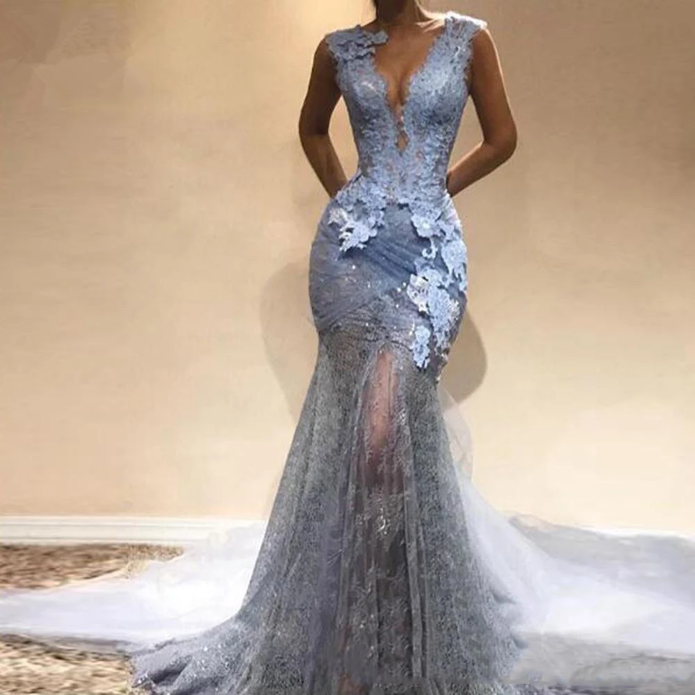 New Arrival Dusty Blue Lace long Mermaid Prom Dresses Sexy Prom Gowns Formal Evening Party Dress V-neck Vestido De Festa 129