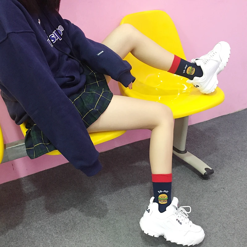

HUI GUAN Classic Cartoon Food Patterned Women Socks Breathable Funny Style Skateboard Socks Vintage Stretchy Fashion Women Socks