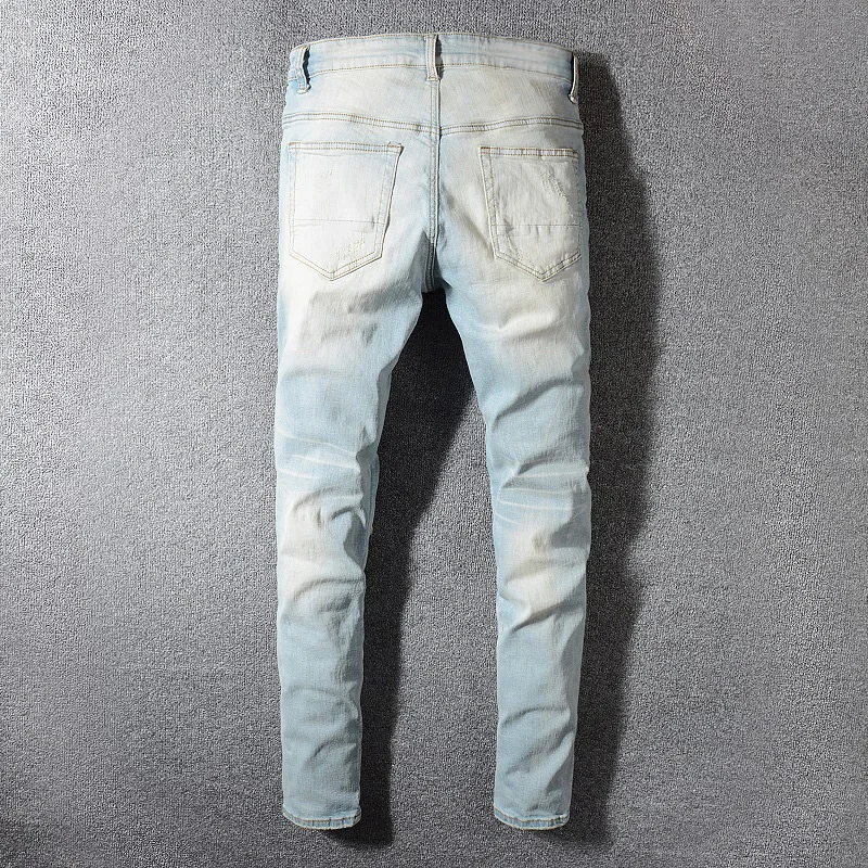 Fashion Streetwear Men Jeans Retro Light Blue Washed Slim Fit Elastic Ripped Jeans Men Patchwork Destroyed Pants Hip Hop Jeans
