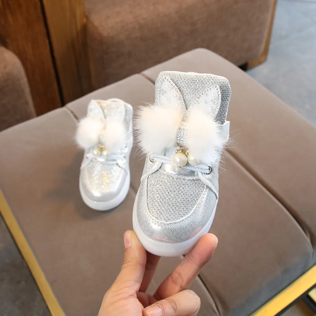 Детская обувь Детские туфли для девочек Повседневное модная Милая обувь с кроликом из мультфильма Нескользящая светодиодный световой Спортивная обувь Кроссовки HOOLER - Цвет: Silver