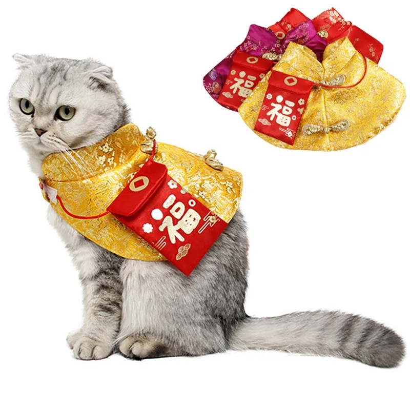 

Pet Cat Autumn Winter New Year Costume Chinese Style Tang Dynasty Dress Festival Cloak with Red Envelope for Kitten pet costume