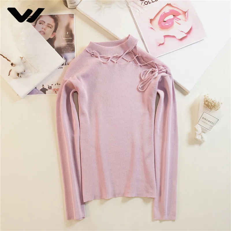2018 Autumn Winter New Sweater Women Shoulder Lace Up Sexy Cross Slim Long Sleeve Pullover Knit Wild Female | Женская одежда