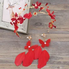 Красные Перья ободки для волос серьги наборы головной убор ручной работы головной убор повязка невесты аксессуары для волос