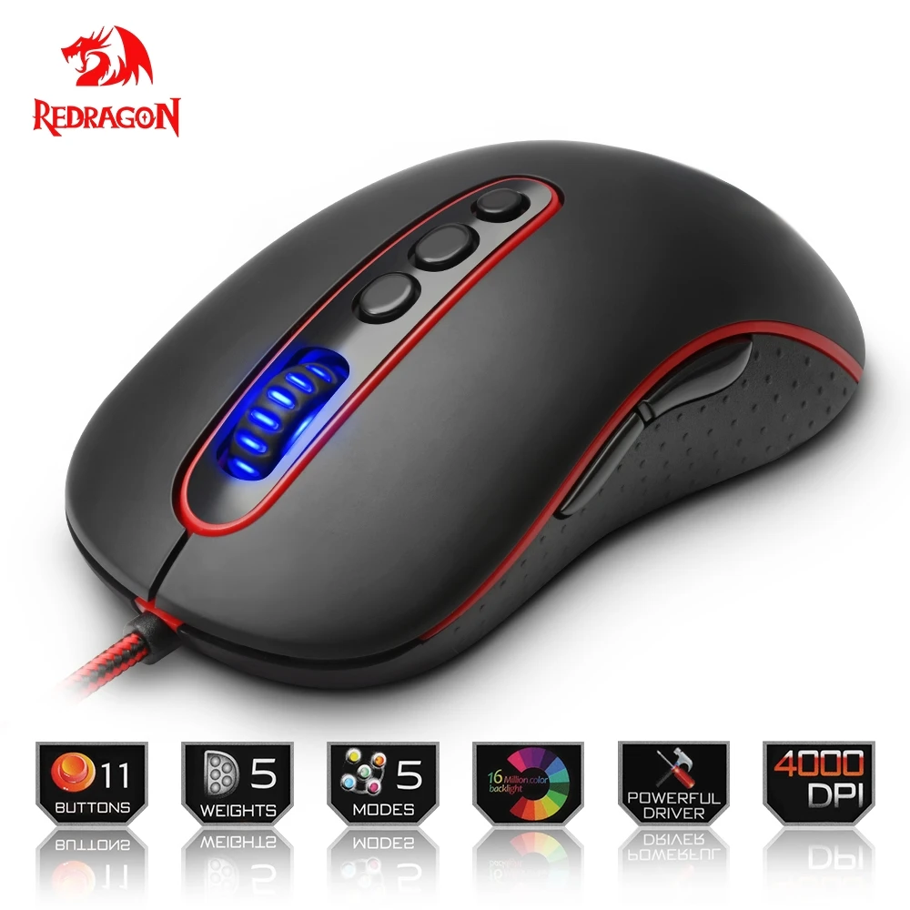 

Redragon USB Gaming Mouse 4000 DPI 11 buttons ergonomic design for desktop computer accessories programmable mice gamer lol PC
