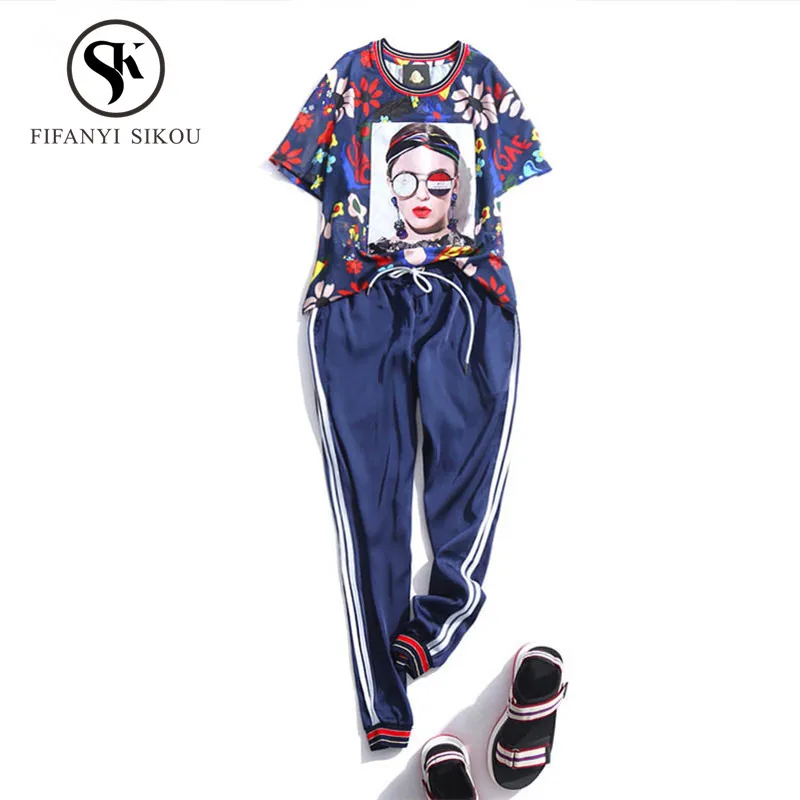 

2019 Summer 2 piece set women Print Short sleeve T-shirt Elastic waist Trousers Fashion Two piece set Plus size Tracksuit women