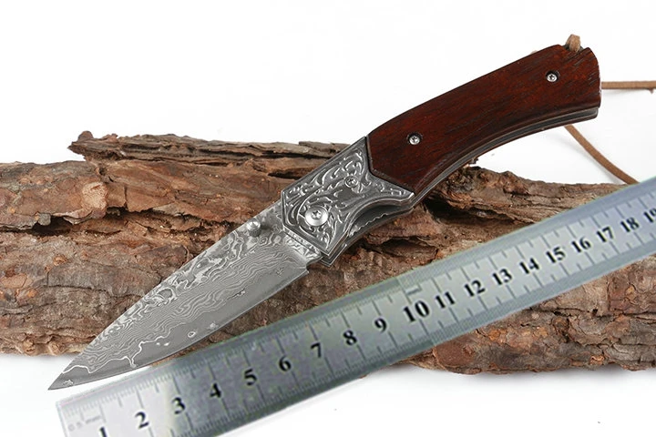 

Damascus blade natural rosewood handle folding knife pocket survival camping hunting knives outdoor fishing EDC tools