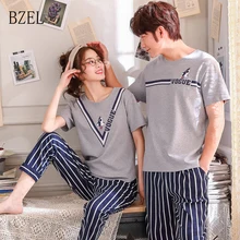 BZEL, новая модная одежда для пар, летняя классная женская футболка, хлопковые пижамы, костюмы/Одежда для влюбленных, пижама с круглым вырезом, полосатые штаны, ночная рубашка