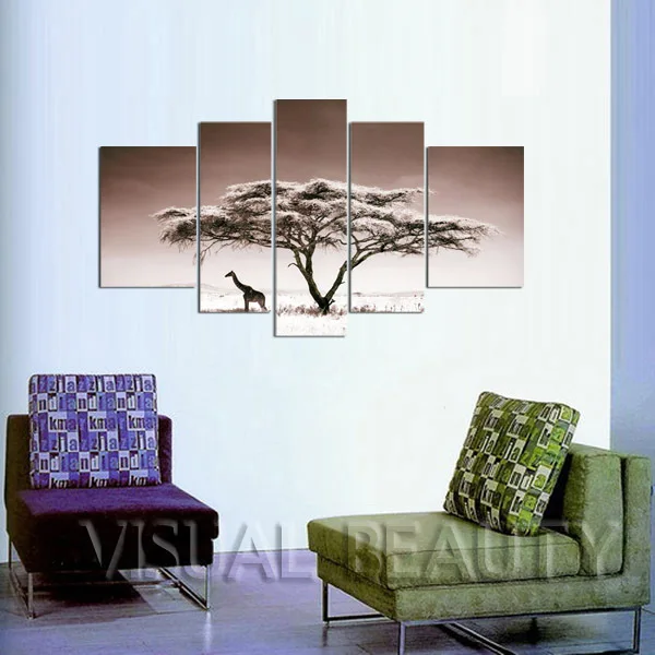 

Large 5 Pieces Canvas Wall Art Giraffe Under The Tree Wall Painting For Home Wall Decoration(Unframed)