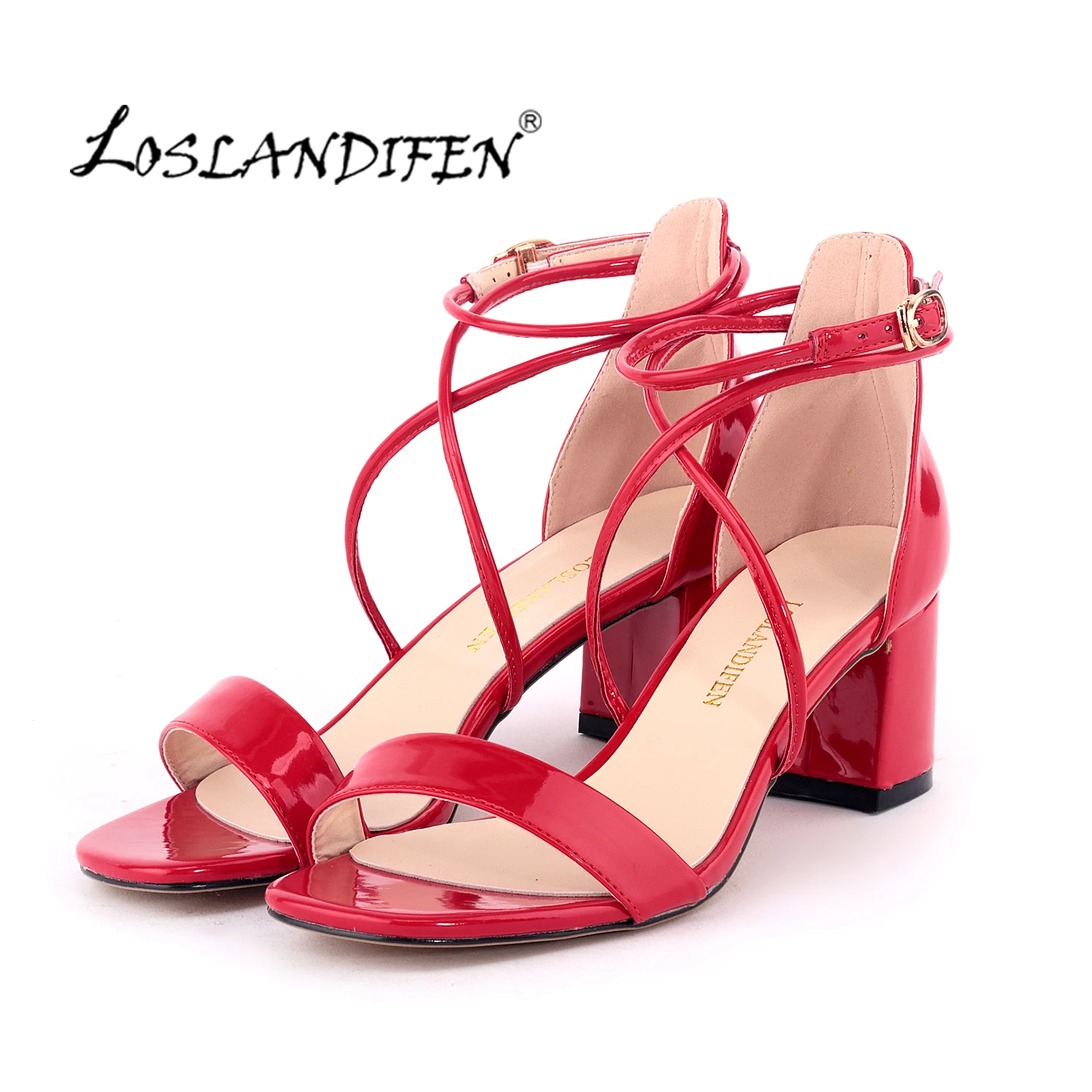 

LOSLANDIFEN Fashion Ankle Strap Sweet Girl Sandals Patent Leather Elegant Lady High Heel Shoes Simple Thick Heel Pumps 6050-1PA