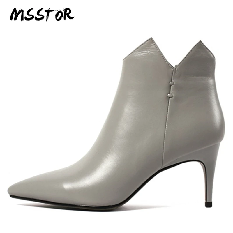 

MSSTOR Ruffles Pointed Toe Leather Boots Women Zipper Plus Size Women 33-43 Black Sexy Party Autumn Ankle Boots Thin Heels Boots