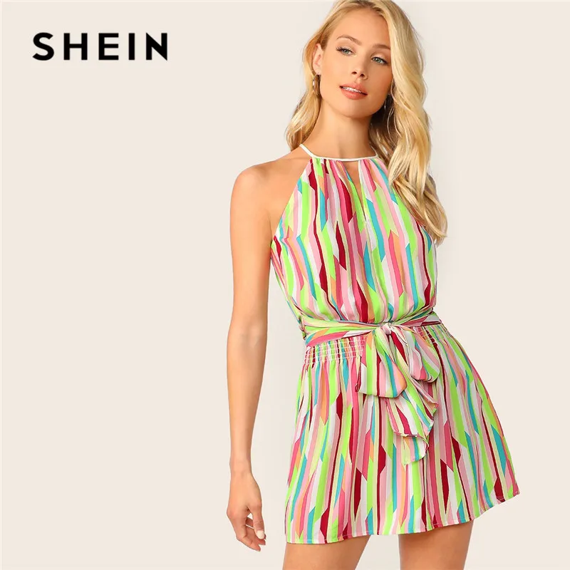 

SHEIN Halter Neck Colorblock Geometric Print Belted Summer Dress Women Boho Beach Vacation Sleeveless A Line Mini Dress