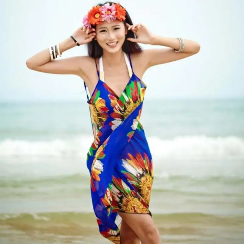 Сексуальный купальник, Пляжное Платье-бикини,, летнее женское Ретро шифоновое бикини с цветочным рисунком, платье для отдыха - Цвет: blue